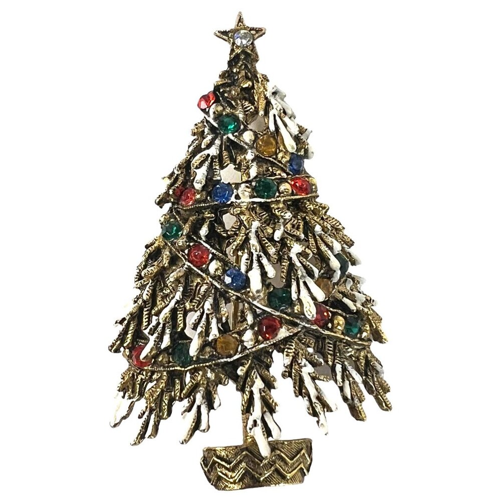 Vintage ART‎ Christmas Tree Brooch Pin gold Tone With Rhinestones Arthur Pepper